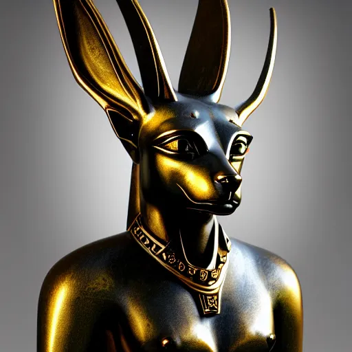 Image similar to a statue of anubis made of black ebony, decorated with gold and enamel,, elegant, epic, detailed, intricate, digital painting, concept art, studio photo, realistic detailed, smooth, focus, rim light