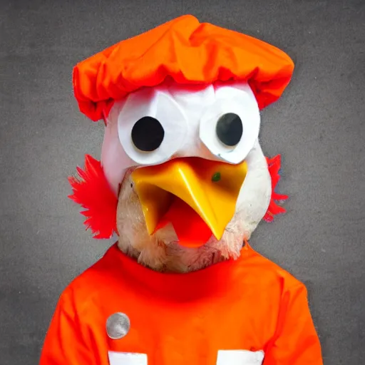 Image similar to chicken dressed as an inmate