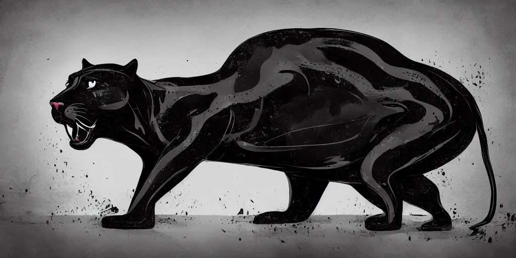 Image similar to a panther, made of smooth black goo, bathing in the tar lake, viscous, sticky, full of tar, covered with black goo. concept art, painting, animal drawing, wildlife photography, black goo, cinematic, in the style of cory loftis