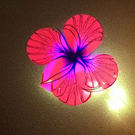 Image similar to mechanical, geometric, cybertronic hibiscus flower, glowing