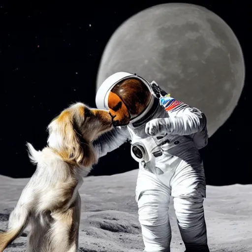 Prompt: two kooikerhondje kissing wearing an astronaut suit in the moon