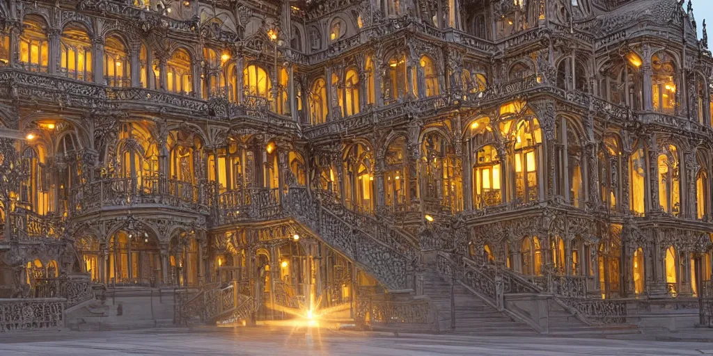 Image similar to extremely detailed ornate stunning sophisticated beautiful elegant victorian museum exterior by Henry Young Darracott Scott and Francis Fowke, stunning volumetric light, stainless steal, concrete, translucent material, beautiful sunset, tail lights