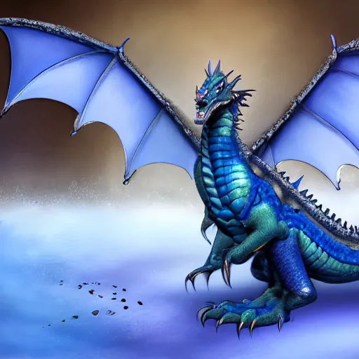 Image similar to HD, photo , realism , chubby female dragon , blue scales. playing in the snow