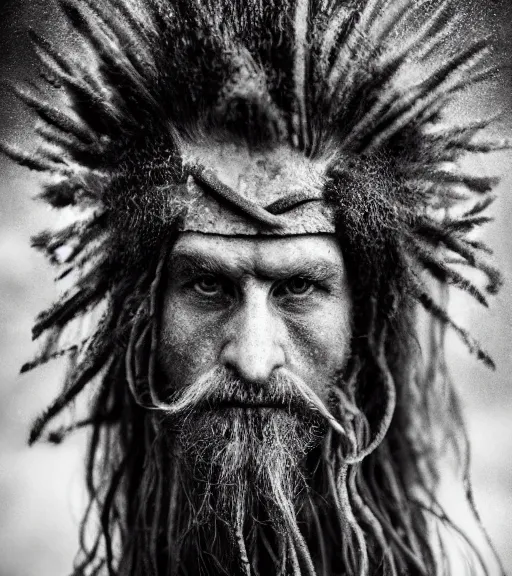 Prompt: Award winning Editorial photograph of Early-medieval Scandinavian Folk monsters with incredible hair and beautiful hyper-detailed eyes holding a battle-axe, wearing traditional garb in a thunderstorm by Lee Jeffries, 85mm ND 4, perfect lighting, gelatin silver process