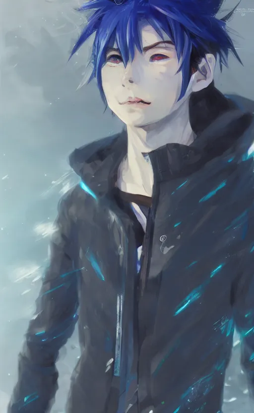 Prompt: anime boy with messy blue hair wearing black long jacket holding an energy ball, WLOP, concept art, digital painting, trending on artstation, highly detailed, epic composition, 8k UHD