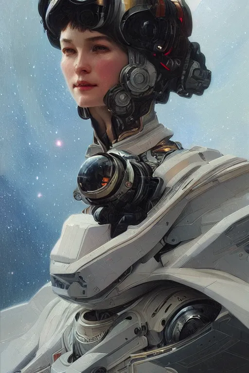 Image similar to A full portrait of a scifi space fighter pilot, intricate, elegant, highly detailed, digital painting, artstation, concept art, smooth, sharp focus, illustration, art by Krenz Cushart and Artem Demura and alphonse mucha