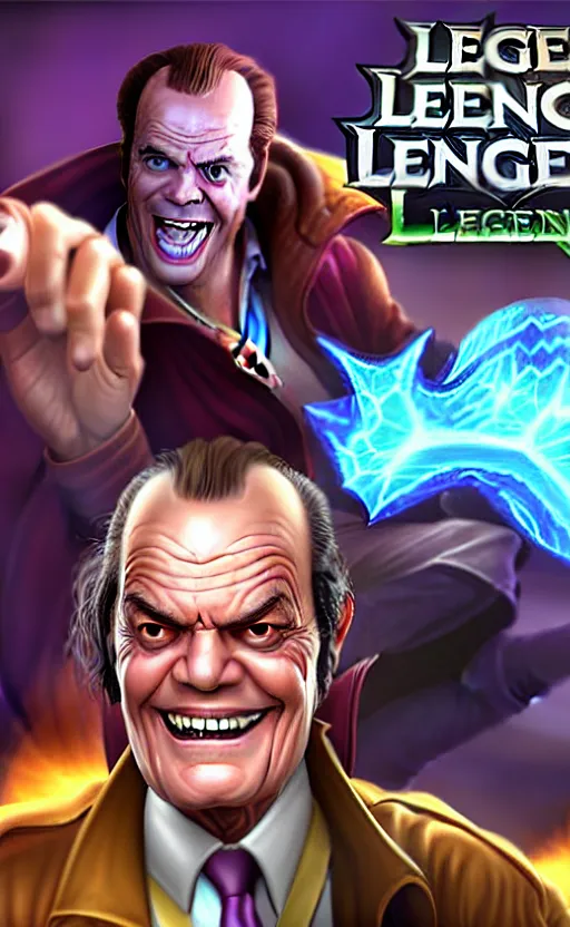 Image similar to Jack Nicholson as a character in the game League of Legends, with a background based on the game League of Legends, detailed face, old 3d graphics