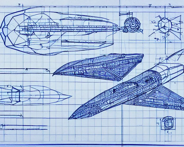 Image similar to blueprint of spaceship, technical drawing on blue notebook, intricate detail, centered with clean background, studio lighting, award winning photography, 8 k