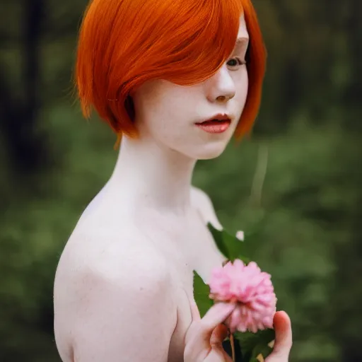 Image similar to Portrait of a young redhead lady with a flower, Canon EOS R3, f/1.4, ISO 200, 1/160s, 8K, RAW, unedited, symmetrical balance, in-frame