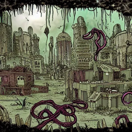 Image similar to purple magic, diseased sickness, taint infection, corruption spread, eldritch flux, wild plants, mutation, haunting, post apocalyptic, abandoned city