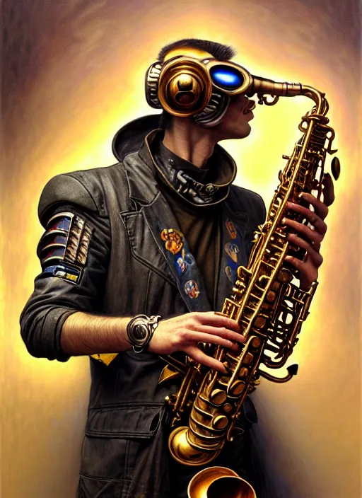 Image similar to portrait of a dirt man playing sax, warhammer 40000, cyberpunk, intricate, highly detailed, digital painting, artstation, concept art, smooth, sharp focus, illustration, art by Amano and Karol_Bak and artgerm and greg rutkowski and alphonse mucha and Gustav Klimt and Kojima