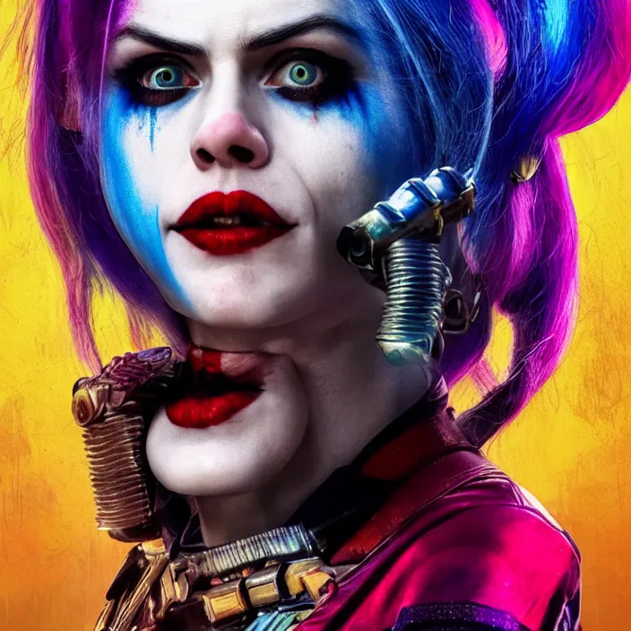 Image similar to portrait of alexandra daddario as a harley quinn in suicide squad. intricate abstract. intricate artwork. by tooth wu, wlop, beeple, dan mumford. octane render, trending on artstation, greg rutkowski very coherent symmetrical artwork. cinematic, hyper realism, high detail, octane render, 8 k, iridescent accents