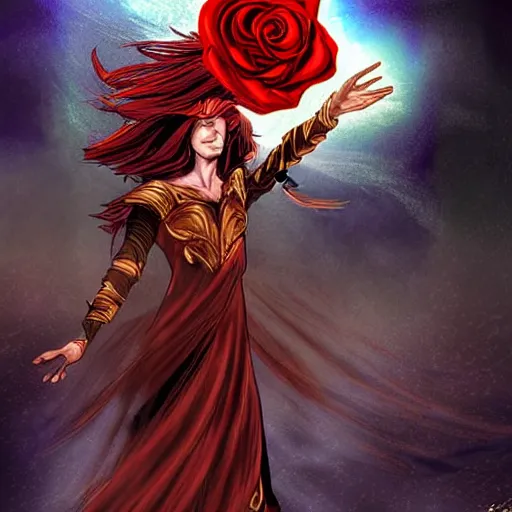 Image similar to The celestial warlock (a beautiful half elf with long red hair) clumsily knocks a single red rose from the top of a funerary urn, releasing an angry wraith from inside. Dramatic digital art illustration in comic book style by Simon Bisley