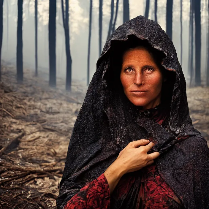 Prompt: closeup portrait of a woman wearing a cloak of roses in a charred, burnt forest, by Annie Leibovitz and Steve McCurry, natural light, detailed face, CANON Eos C300, ƒ1.8, 35mm, 8K, medium-format print