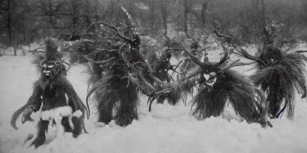 Prompt: 1 9 2 0 s photography of krampus hay monsters submerged in snow