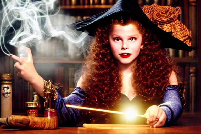 Prompt: hclose up portrait, dramatic lighting, teen witch calmly pointing a magic wand casting a spell over a large open book on a table with, curly hair, cat on the table in front of her, sage smoke, a witch hat cloak, apothecary shelves in the background, still from the movie hook
