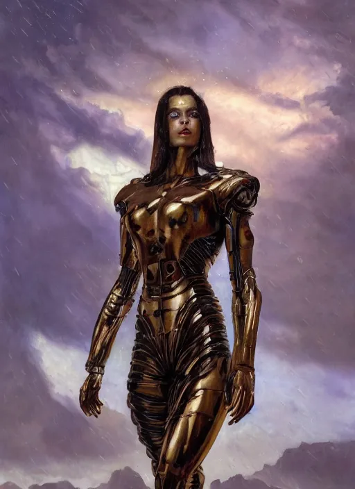 Prompt: a biblical diabolical beautiful female android, hawk, shiny hi tech armor, dynamic pose, splashing, heavy eyes to the side, glowing veins, in clouds, rain, sunset, portrait, by gerald brom, by mikhail vrubel, by peter elson, muted colors, extreme detail, reflections, trending on artstation, 8 k