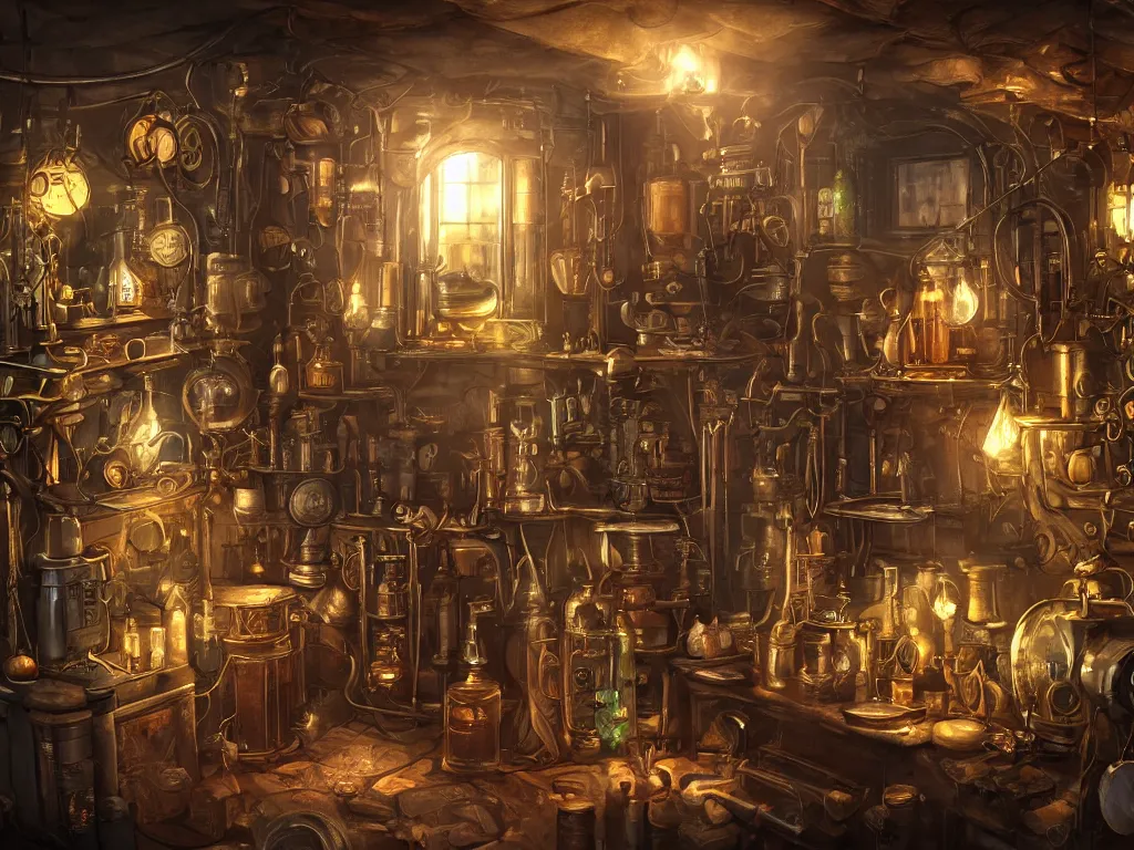 Prompt: small and cozy steampunk alchemy lab, beautiful digital art, atmospheric and highly detailed, trending on artstation