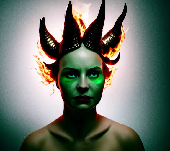 Image similar to portrait of a woman with flaming horns in the wisps of thick smoke, looking into the camera, studio photography, studio lighting, realistic render, octane render, 4 k, 8 k, glowing green eyes, face in focus