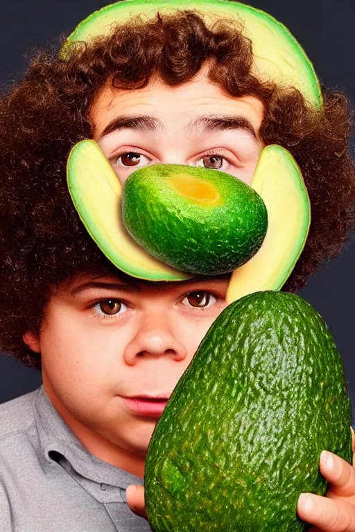 Image similar to 📷 gaten matarazzo the avocado head 🥑, made of food, head portrait, dynamic lighting, 4 k