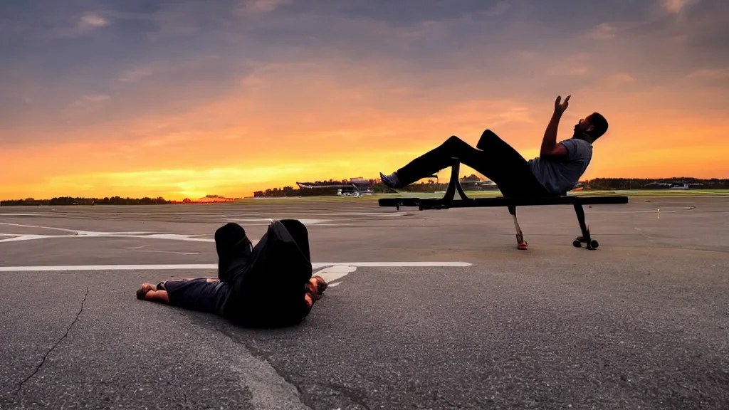 Image similar to movie still of a man laying on top of a car driving on the runway of an airport, sunset, golden hour