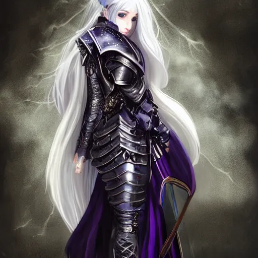 Image similar to portrait evilly white hair knights of Zodiac girl, metalic deep purple and black reflected armor, in ruined Agora of Athens thunder sparkling flash night, ssci-fi, fantasy, intricate, very very beautiful, elegant, highly detailed, digital painting, artstation, concept art, smooth, sharp focus, illustration, art by tian zi and WLOP and alphonse mucha