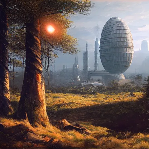 Prompt: atompunk glowing oval building, skyscrapers, wilderness, Ivan Shishkin and Greg Rutkowski