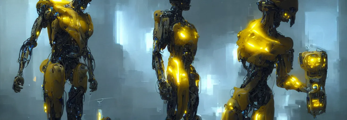 Image similar to body cyborg prototype, concept art, unreal engine render, yellow and blue theme, high detail, very realistic, by greg rutkowski, by james gurney ultra clear detailed