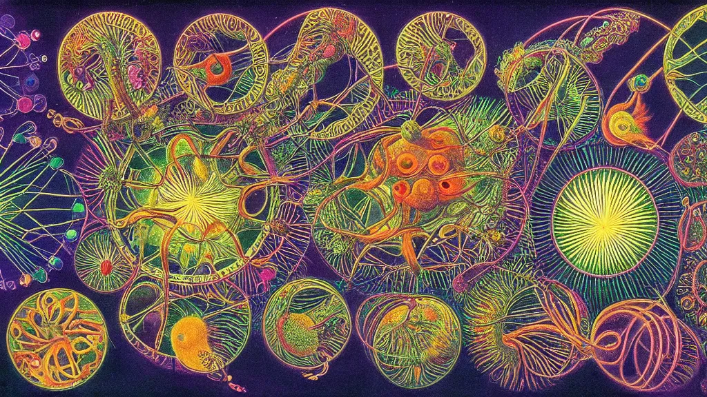 Image similar to quantum connections represented as symbiotic organisms like cells playing around with colorful lights by ernst haeckel, magnetic, chewy