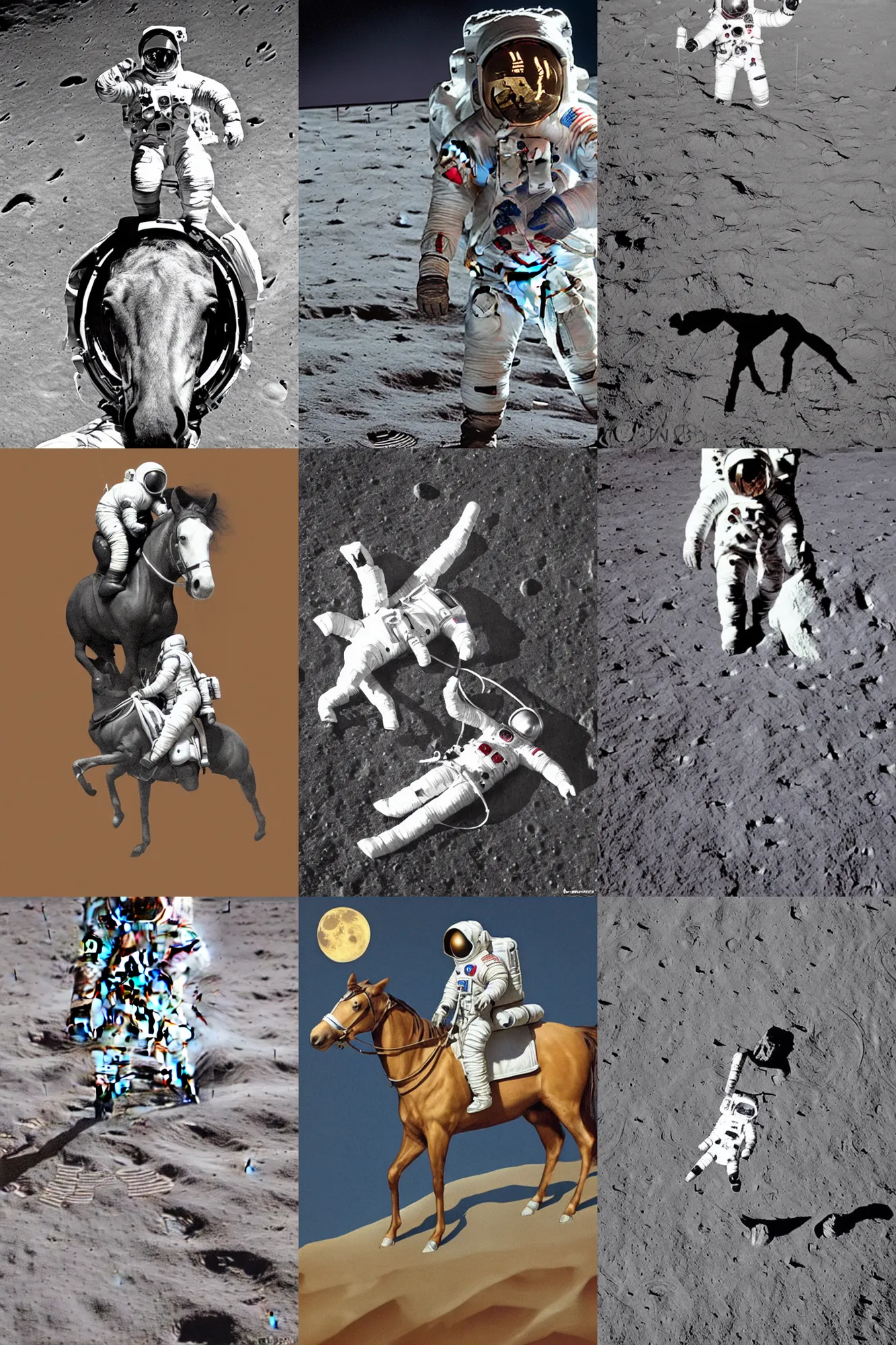 Prompt: astronaut on the moon, on the head of astronaut is a horse, horse on the astronaut, horse on the head,