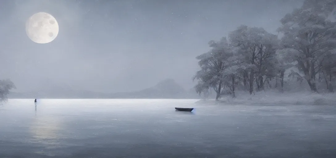 Image similar to lake in a totally white place with a moon in style of greg rutkowski