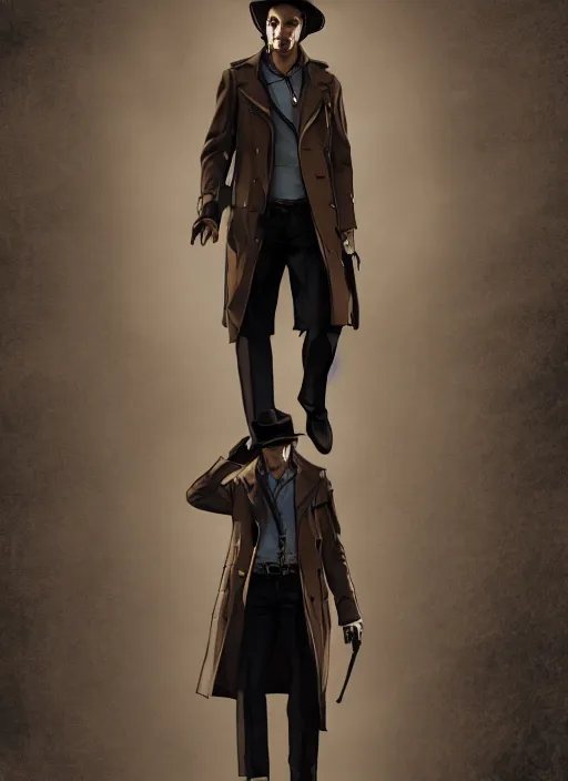 Prompt: full body portrait of frank dillane in a tan trenchcoat and fedora, digital painting, extremely detailed, sharp focus, noir, night, rain, octopath traveler, unreal engine 5 highly rendered, global illumination, radiant light, highly detailed face