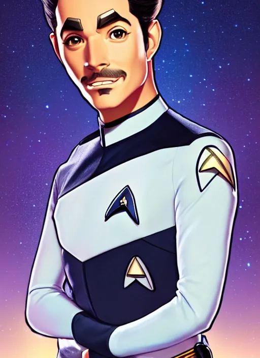 Image similar to cute star trek officer borat, natural lighting, path traced, highly detailed, high quality, digital painting, by don bluth and ross tran and studio ghibli and alphonse mucha, artgerm