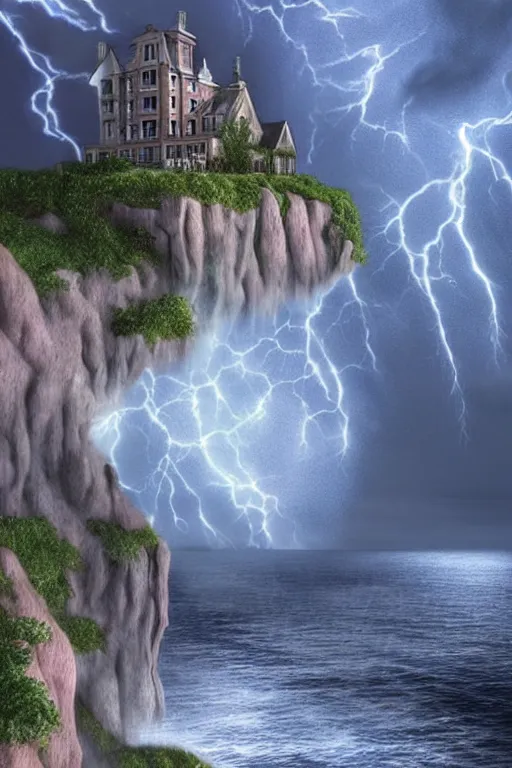 Prompt: Ultra Realistic Hyper detailed Fantasy view of a Haunted Mansion overlooking the cliffs edge where ocean waves are crashing during a lightning storm.