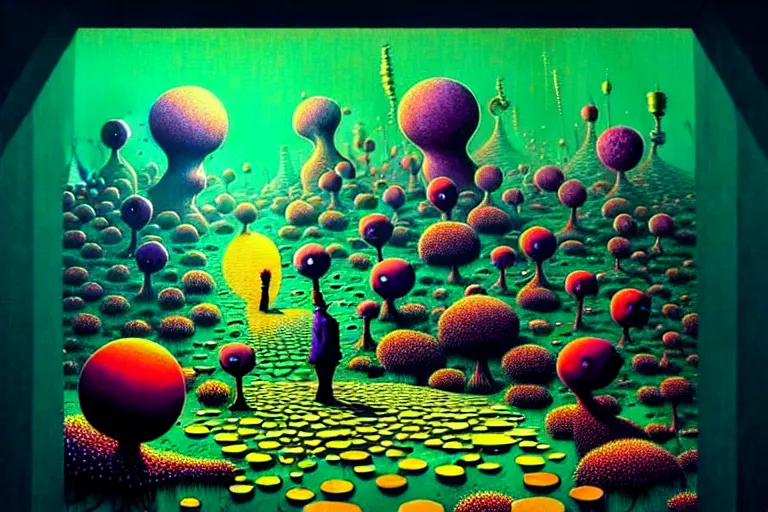 Image similar to surreal glimpse into another dimension, weird living things, very coherent and colorful high contrast, art by!!!! gediminas pranckevicius!!!!, geof darrow, floralpunk screen printing woodblock, dark shadows, hard lighting, stipple brush technique,