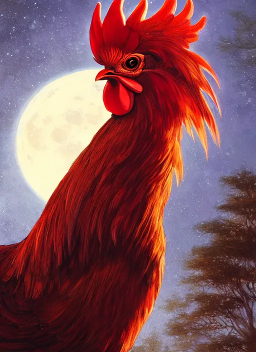 Image similar to close - up portrait of a beautiful anime rooster in front of the full big moon in a fantasy forest, by james gurney, max liebermann, greg rutkowski, highly detailed digital art, artstation