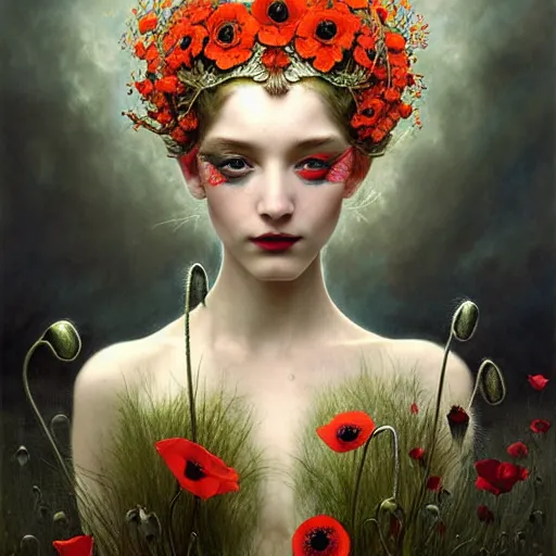 Image similar to poppy goddess unique non conventional beauty, surreal, fantasy, intricate, elegant, dramatic lighting, emotionally evoking symbolic metaphor, highly detailed, lifelike, photorealistic, digital painting, artstation, concept art, smooth, sharp focus, illustration, art by John Collier and Krenz Cushart and Artem Demura and Alphonse Mucha and Albert Aublet