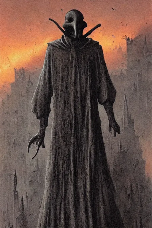 Image similar to plague doctor from iron gridle but human form, destroyed city and flames by zdzislaw beksinski, color