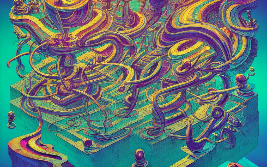 Image similar to twisted turn of fate abstraction, centered award winning ink pen illustration, isometric abstract illustration by dan mumford, edited by craola, technical drawing by beeple and tooth wu, tiny details by artgerm and watercolor girl, symmetrically isometrically centered