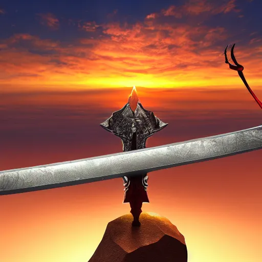 Image similar to a floating sword in front of a sunrise, extremely realistic and beautiful