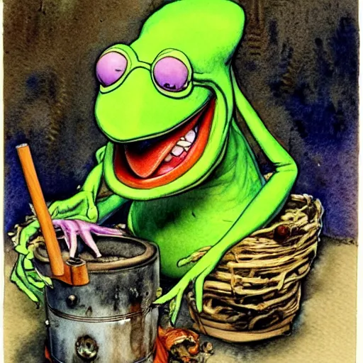 Prompt: a realistic and atmospheric watercolour fantasy character concept art portrait of kermit with red eyes smoking a huge blunt looking at the camera with a pot leaf nearby by rebecca guay, michael kaluta, charles vess and jean moebius giraud