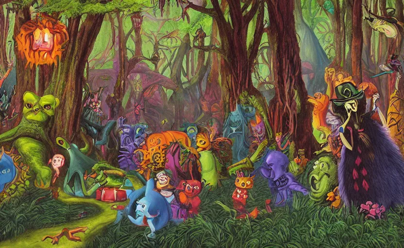 Image similar to a scene of colorful cartoon monsters in the clearing of a dark fantasy forest surrounded by darkness. hyperrealist illustration. muted colors. 1 9 7 0's pulp science fiction and fantasy cartoon for alice in wonderland and wizard of oz. richly colored painting by don ivan punchatz.