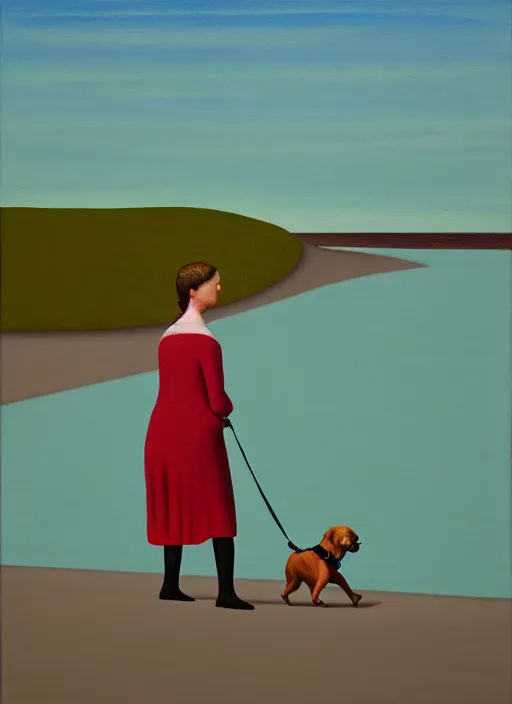 Image similar to a painting of a woman walking her dog at the beach, in the style of gertrude abercrombie, digital art