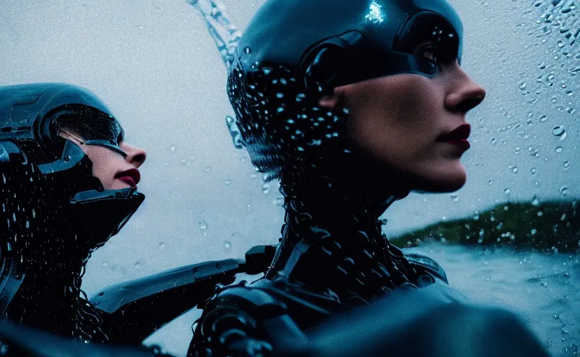 Image similar to cinestill 5 0 d candid action photographic portrait by quentin tarantino of two loving female androids wearing rugged black mesh techwear in treacherous waters, extreme closeup, modern cyberpunk retrofuturism moody emotional cinematic, pouring iridescent rain, 8 k, hd, high resolution, 3 5 mm, f / 3 2, motion blur, ultra realistic faces, ex machina