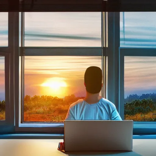 Image similar to sleepy anonymous art junky at computer, beautiful sunrise through wide window