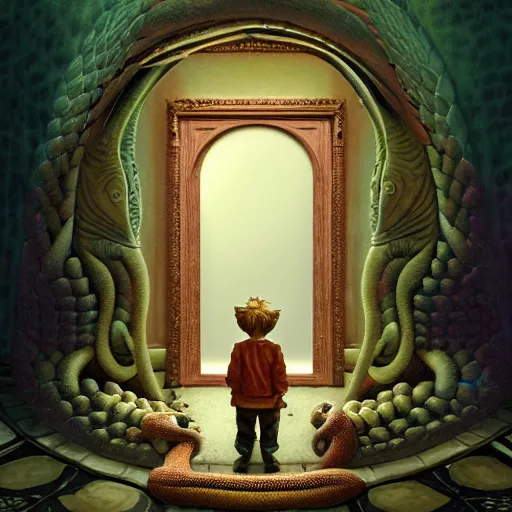 Image similar to hyperreal ultra detailed hypnagogic recollections from the waters of the unconscious. a 3 d psychopomp watching on. a child's face, a mirror, a doorway threshold, a snake, smooth, sharp focus, global illumination, ornate, art by shaun tan and daniel merriam and dan mumford octane render