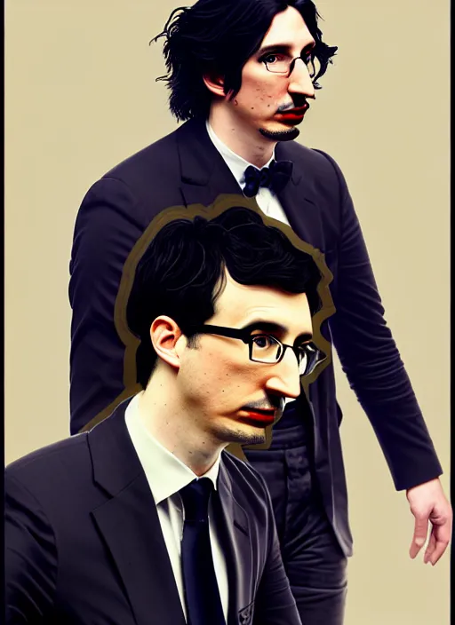 Prompt: painting of both john oliver and adam driver together, adam driver behind, john oliver in front, stoic, full body, military uniform, fantasy, elegant, beautiful, highly detailed, centered, dark, smokey, digital painting, concept art, smooth, sharp focus, illustration, deviant art, art by greg rutkowski, art by alphonse mucha