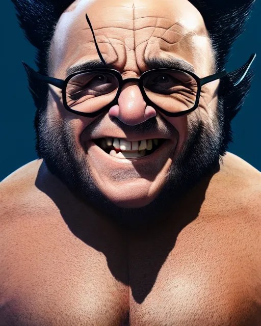 Image similar to danny devito as wolverine, full body portrait, full suit, claws out, oil on canvas, octane render, trending on artstation