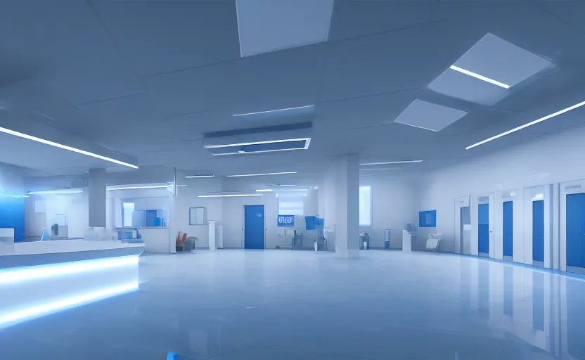 Image similar to a hospital with soft blue lights in the roof, octane render, artstation trending, highly detailded