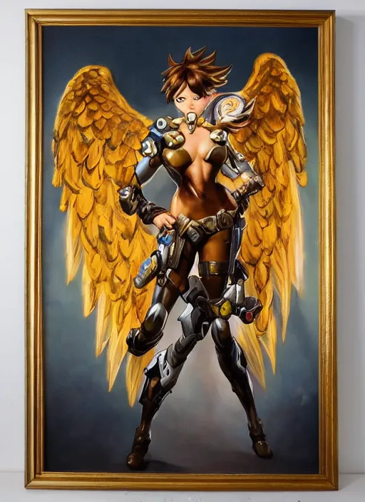 Image similar to full body oil painting of tracer overwatch in the style of frank frazetta, angel wings, angelic golden armor, dramatic painting, symmetrical composition, ornate, golden chains, high detail, gold detailed collar!!!!!, blooming, angelic, lights, flowers, heavenly, bright, detailed face,